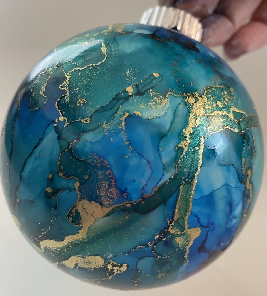 hand painted alcohol ink ornament by leah prusiner art